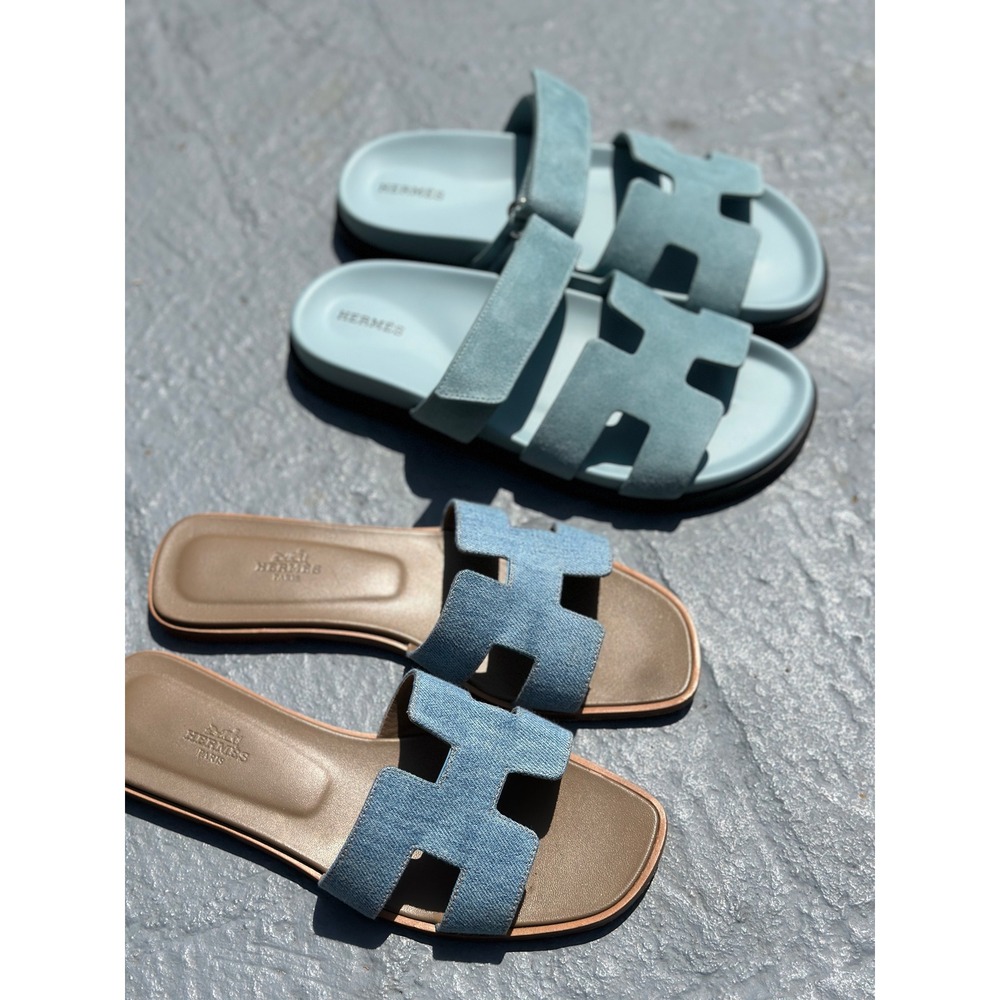 Hermes Oran Denim Sandals Blue denim Slides Size 39 Flat Shoes - Picture 11 of 11